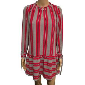 Loft red white black green striped long sleeve mini dress XSP petite